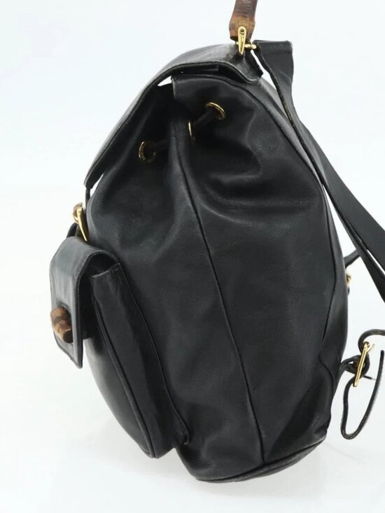 GUCCI Bamboo Backpack Leather Black Gold Auth main image 6